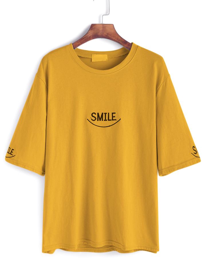 Shein Ginger Elbow Sleeve Letter Embroidery T-shirt