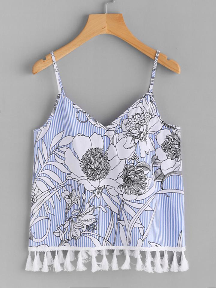 Shein Tassel Trim Floral And Striped Cami Top