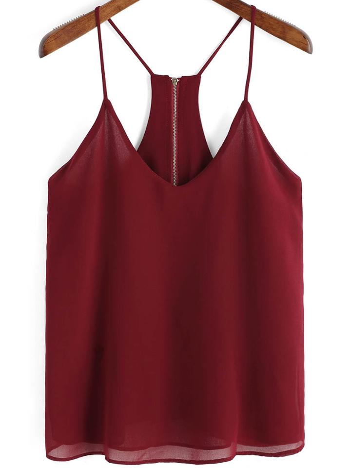 Shein Burgundy Spaghetti Strap Zipper Chiffon Cami Top