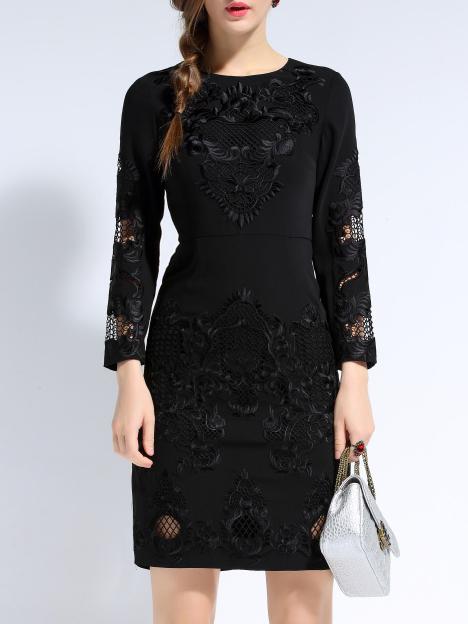 Shein Black Round Neck Length Sleeve Embroidered Hollow Dress