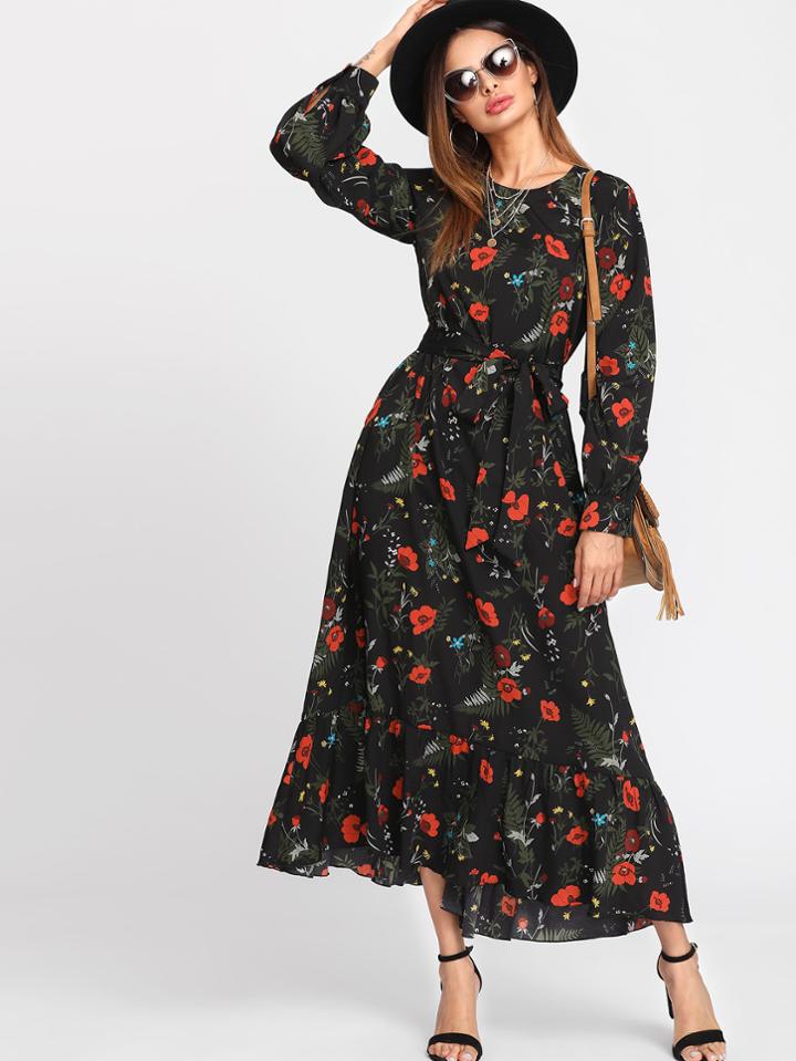 Shein Botanical Print Belted Hijab Long Dress