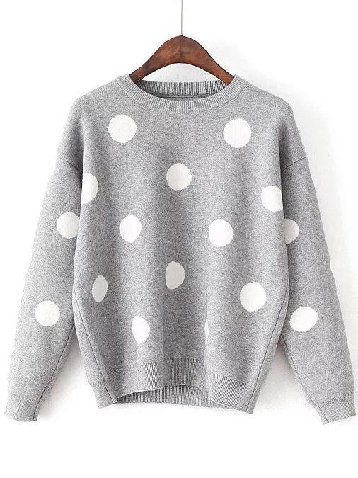Shein Grey Polka Dot Round Neck Sweater
