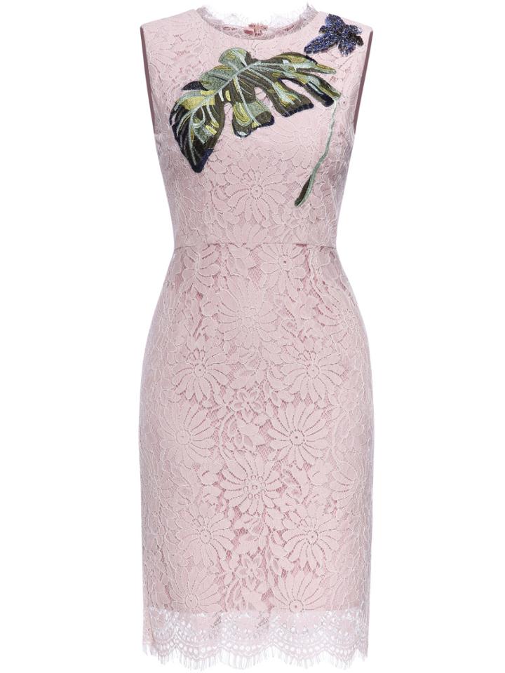 Shein Pink Leaves Embroidered Sequined Sheath Dress