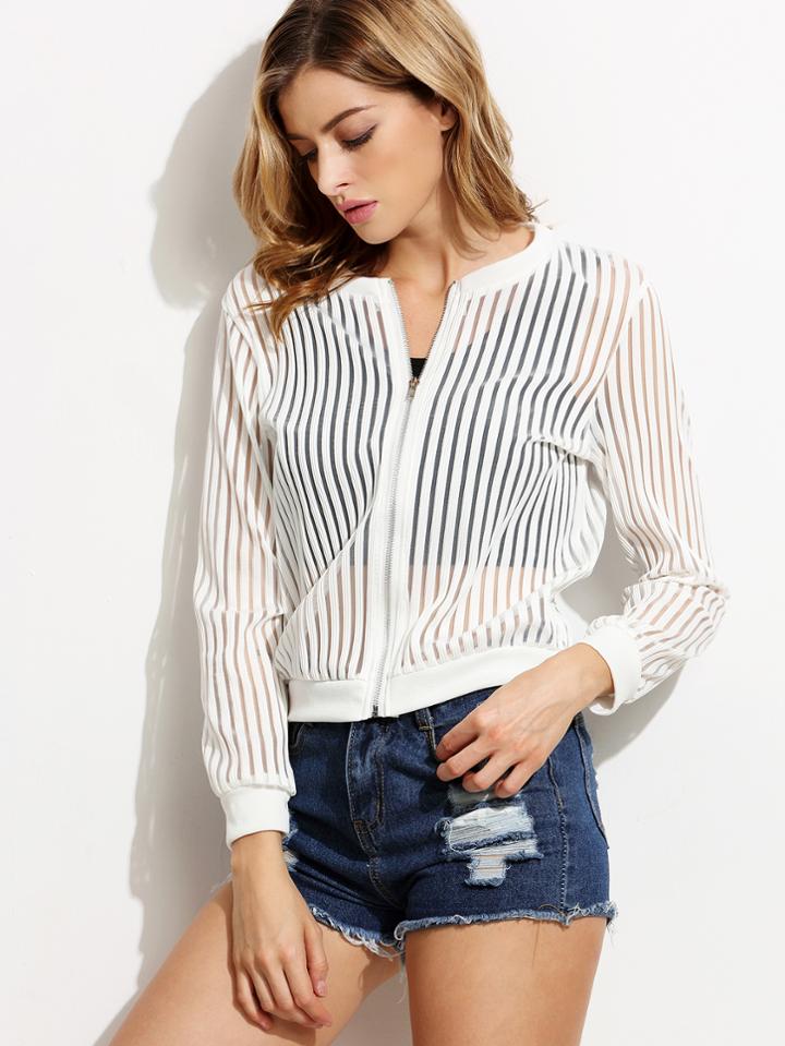 Shein White Striped Mesh Bomber Jacket
