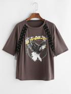 Shein Brown Eagle Print Lace Up Detail T-shirt