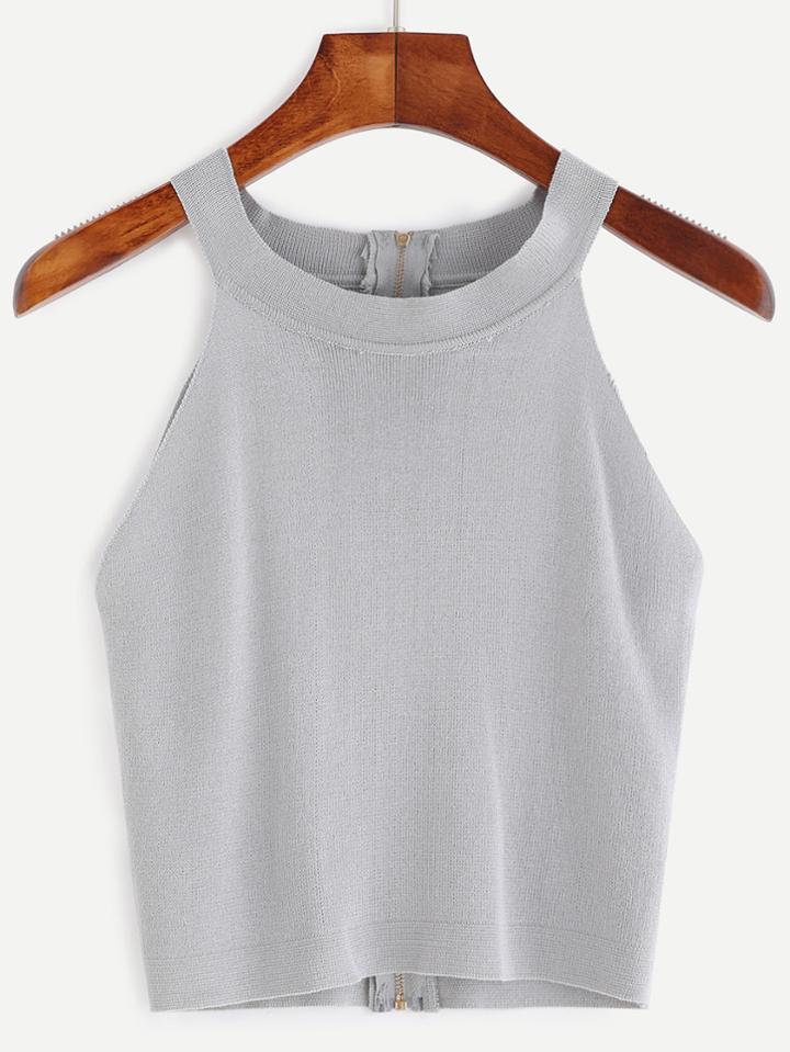 Shein Grey Zip Back Knit Halter Neck Top