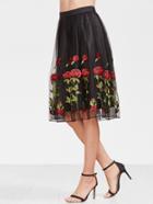 Shein Black Rose Embroidered Mesh Overlay Box Pleated Skirt
