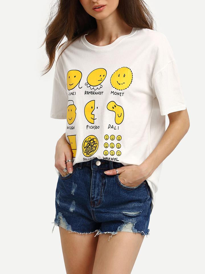 Shein White Dropped Shoulder Seam Expression Print T-shirt