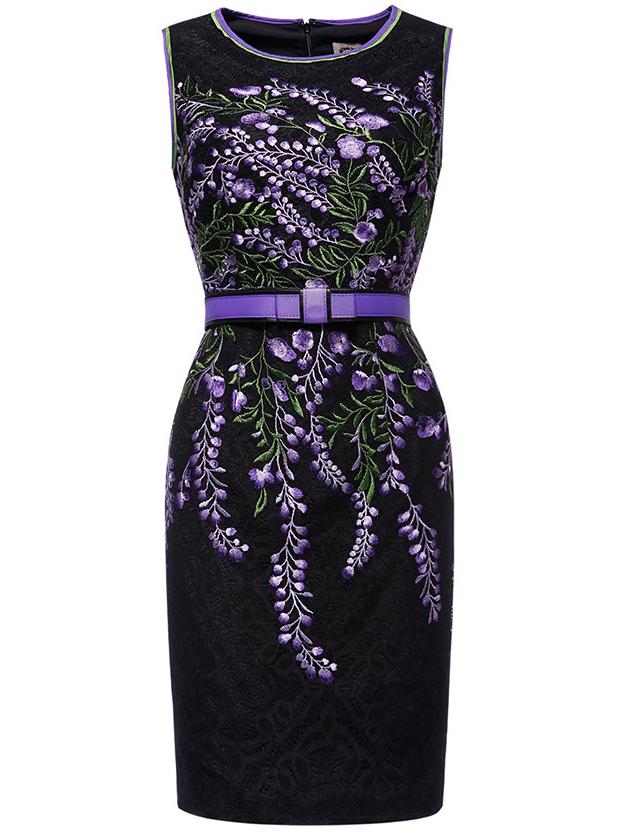 Shein Black Embroidered Jacquard Belted Sheath Dress