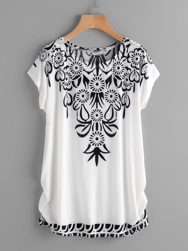 Shein Dolman Sleeve Shirred Side Printed Tee