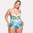 Shein Plus Knot Open Back Tropical Print Swimsuit