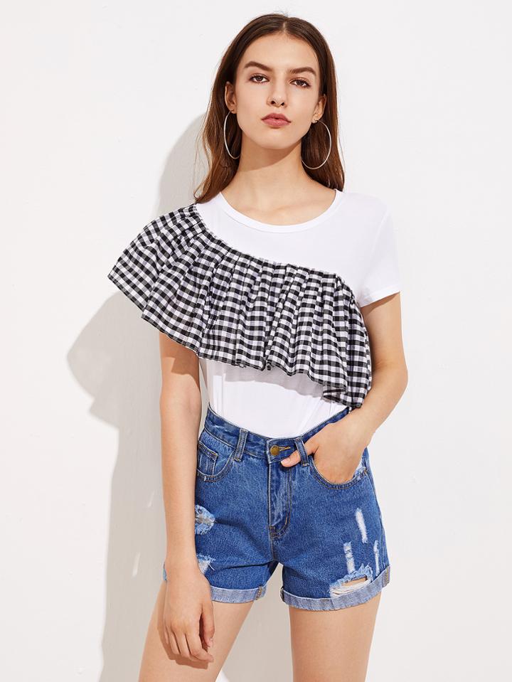 Shein Contrast Gingham Flounce Tee