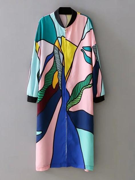 Shein Multicolor Rib-knit Cuff Printed Zipper Coat