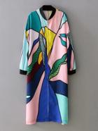 Shein Multicolor Rib-knit Cuff Printed Zipper Coat
