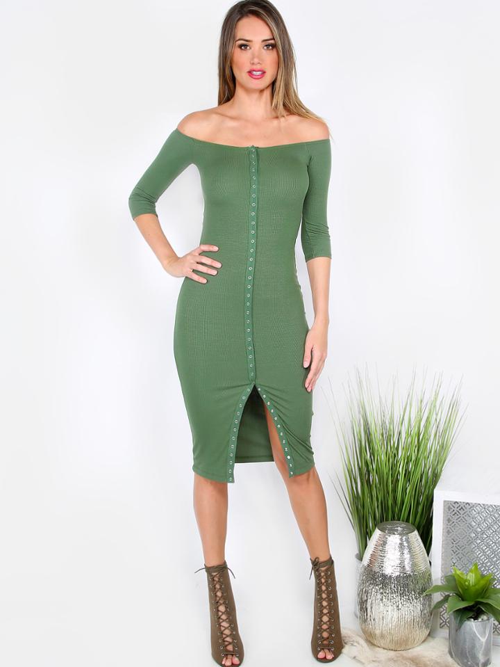 Shein Button Slit Front Bardot Pencil Dress