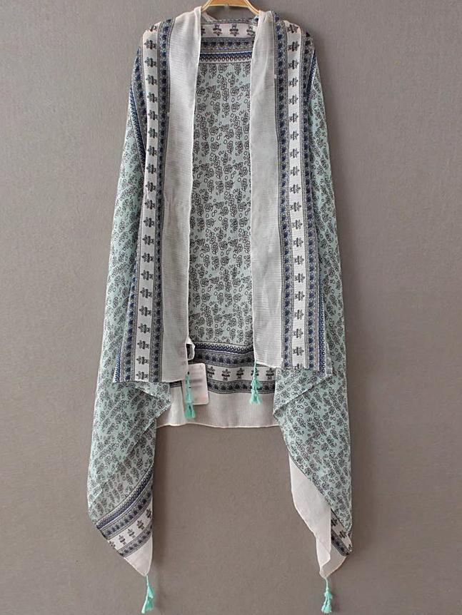 Shein Green Printed Asymmetric Tassel Scarf