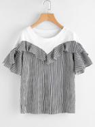 Shein Contrast Panel Frill Layered Striped Tee