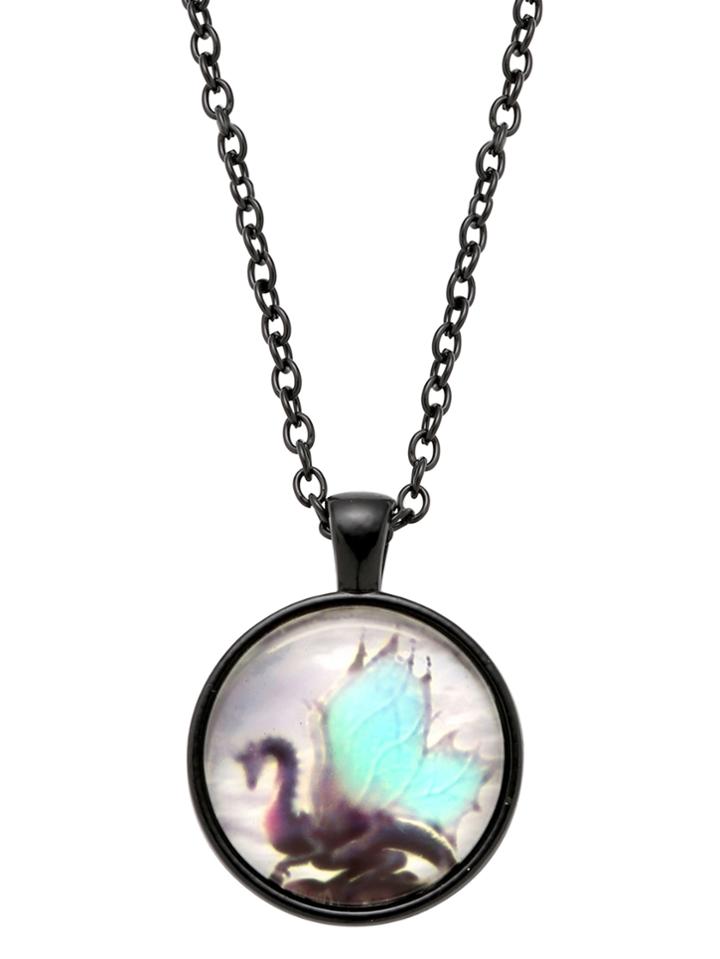 Shein Black Bronze Dragon Print Glass Pendant Necklace