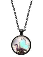 Shein Black Bronze Dragon Print Glass Pendant Necklace