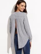 Shein Grey Mixed Media Striped Split Back Sweatshirt