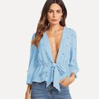 Shein Deep V Neck Knot Smock Top