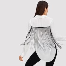 Shein Fringe Patched Curved Hem Shirt