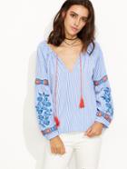 Shein Blue Striped Convertible Embroidered Long Sleeve Blouse