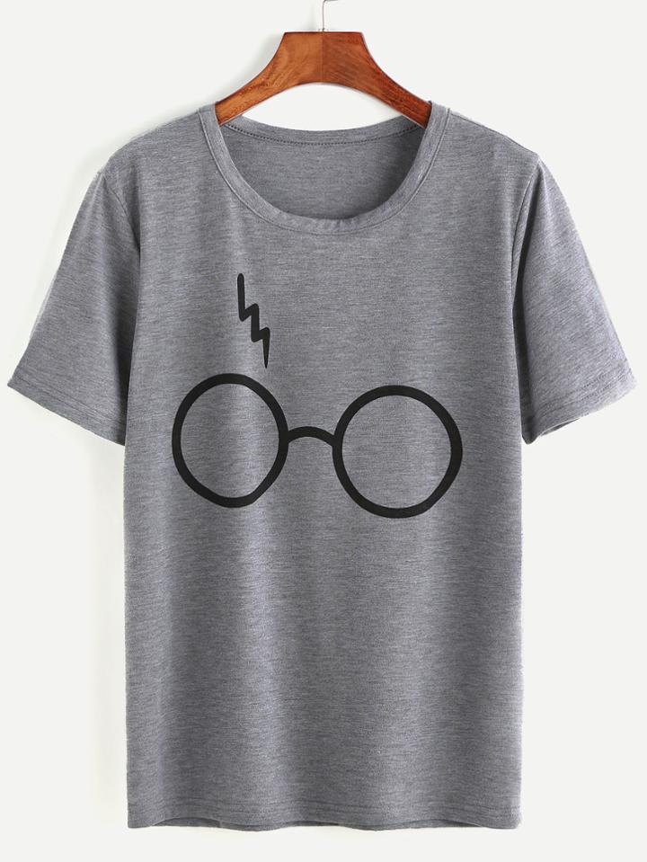 Shein Heather Grey Glasses Print T-shirt