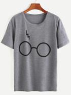 Shein Heather Grey Glasses Print T-shirt
