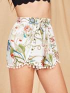 Shein Pom Pom Trim Botanical Wrap Shorts