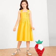 Shein Girls Bow And Button Detail Pinafore Dress