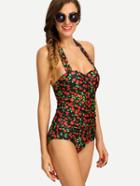 Shein Ruched Cherry Print One-piece Swimwear - Black