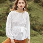 Shein Bishop Sleeve Eyelet Embroidered Top With Belt