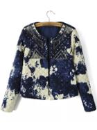 Shein Blue White Round Neck Sequined Embroidered Crop Coat