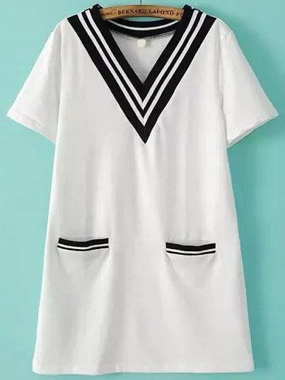 Shein Striped Rib V-neck Dual Pockets White Dress