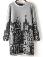 Shein Grey Black Round Neck Building Print Dress