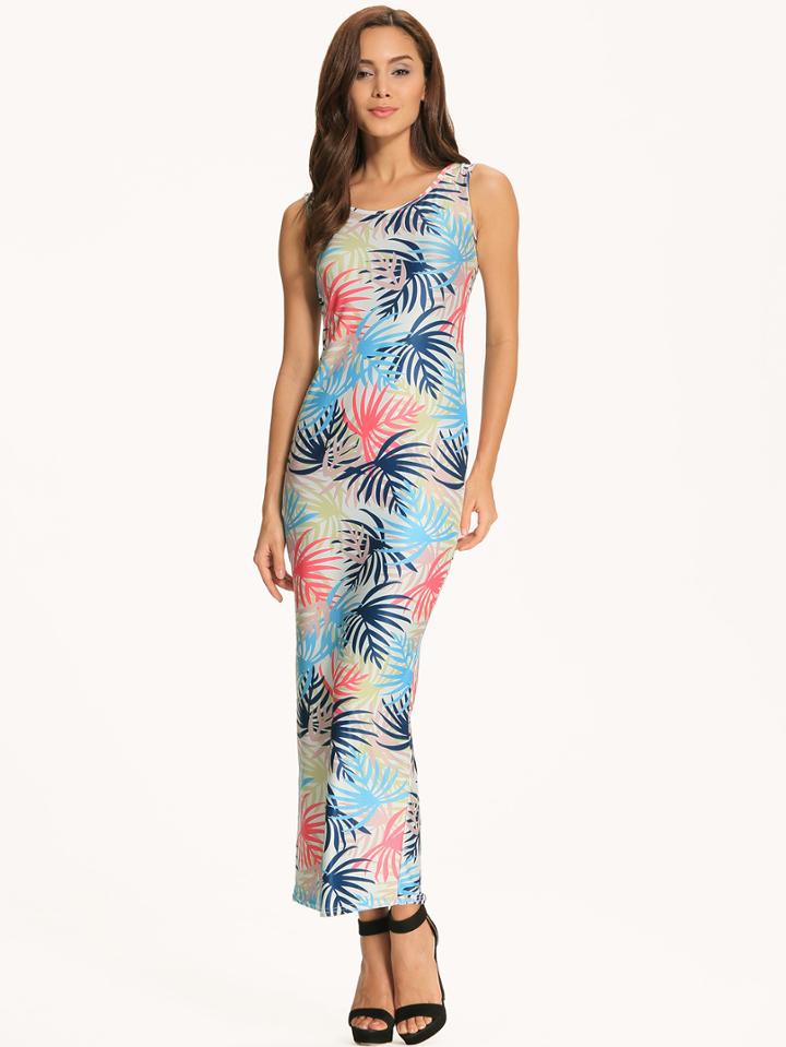 Shein Multicolour Tropical Print Scoop Neck Maxi Dress