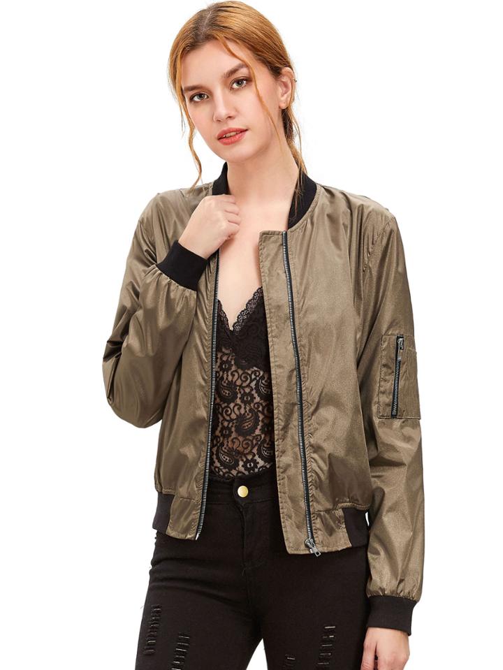 Shein Army Green Long Sleeve Zipper Pockets Jacket