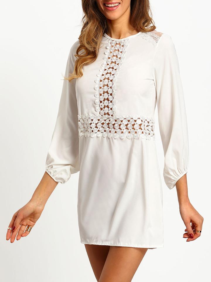 Shein White Crew Neck Lace Hollow Dress