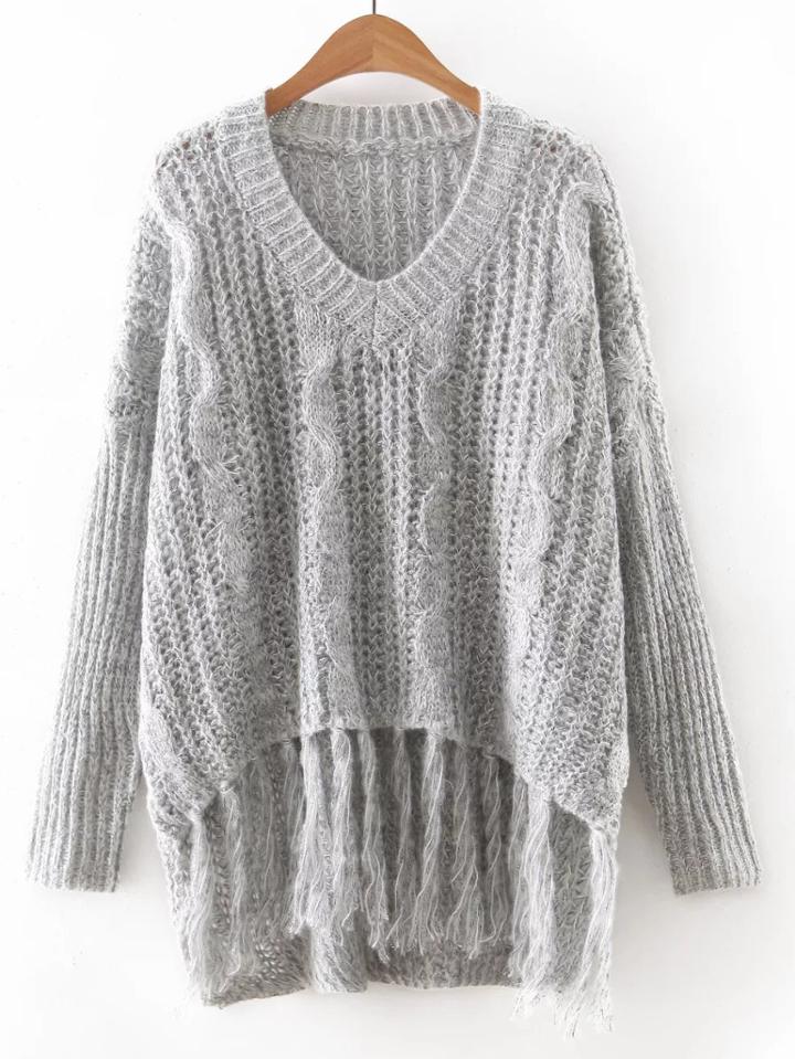 Shein Grey V Neck Tassel Knitwear