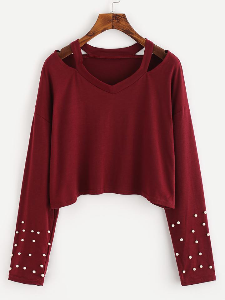Shein Cut Out V Neckline Pearl Beaded Tee
