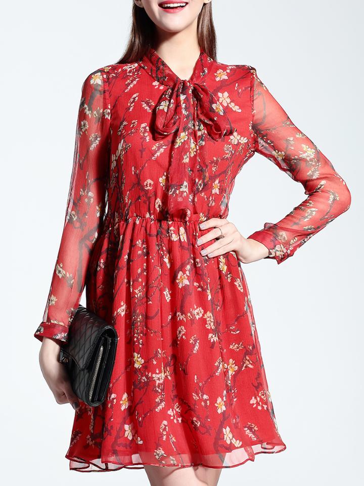 Shein Red Tie Neck Floral A-line Dress