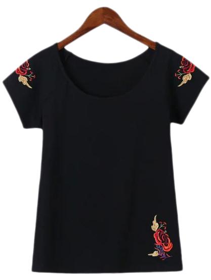 Shein Black Scoop Neck Embroidery Casual T-shirt
