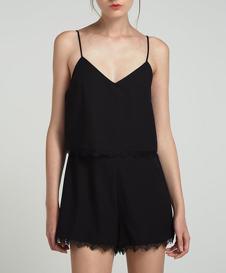 Shein Black Spaghetti Strap With Lace Playsuit