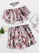 Shein Double Layer Botanical Bandeau Top And Shorts Set