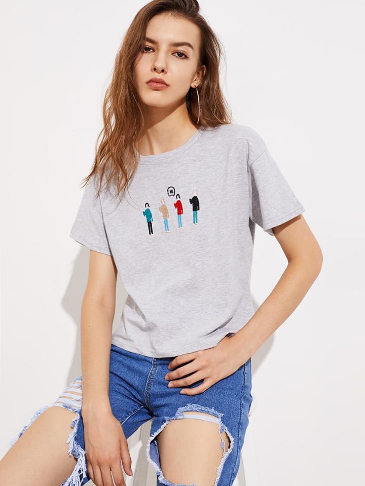 Shein Embroidered Marled Knit T-shirt