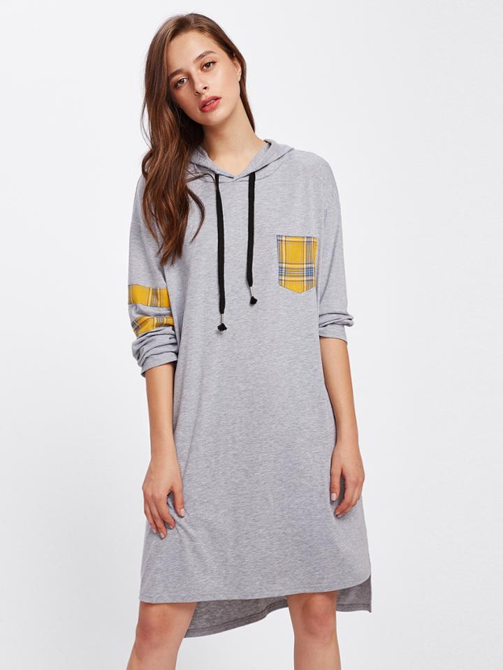 Shein Dip Hem Contrast Checked Pocket Sweatshirt Dress