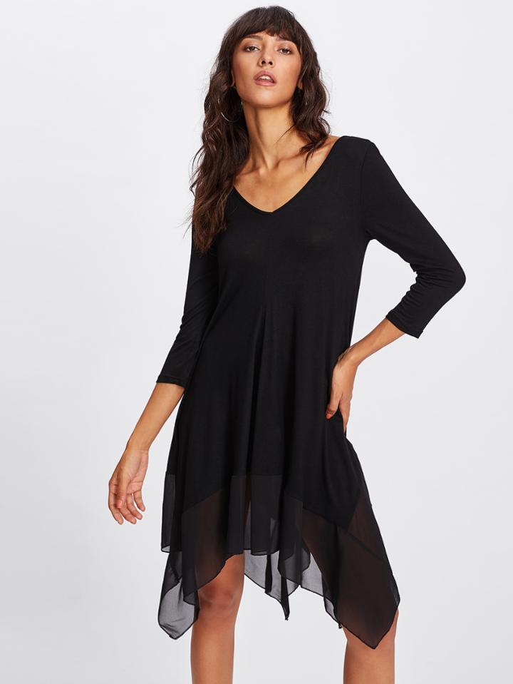 Shein Contrast Mesh Hanky Hem Dress