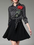 Shein Black Lapel Rose Embroidered Polka Dot Dress