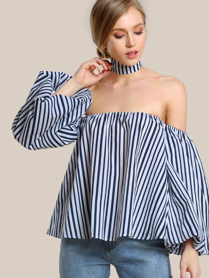 Shein Striped Bardot Top With Choker